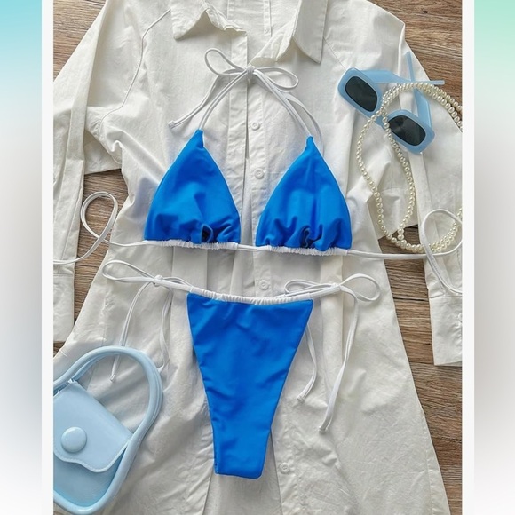 Sexy mini sky blu with white strings bikini triangle top size small - Picture 2 of 3